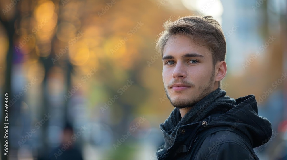 Young man with a beard in a black jacket standing outdoors with a blurred autumn background. Young man with a beard in a black jacket standing outdoors with a blurred autumn background.