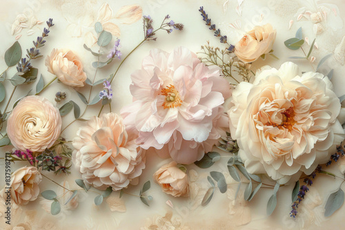 Pastel-colored flowers softly arranged on a cream background