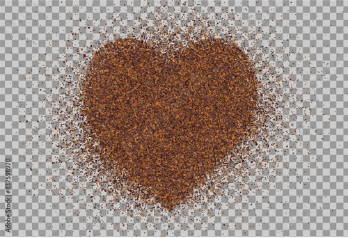 Coffee or chocolate powder, flying dust particles. Coffee colored dust grain texture in the shape of heart. Crushed granules of sand or brown sugar. Vector illustration of spilled powder.