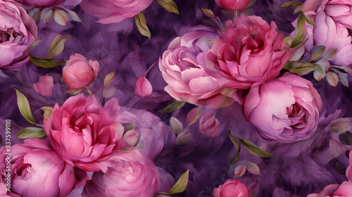 Fototapeta Naklejka Na Ścianę i Meble -  Beautiful boho watercolor painting with blooming peony flowers. Seamless decor background, floral wallpaper