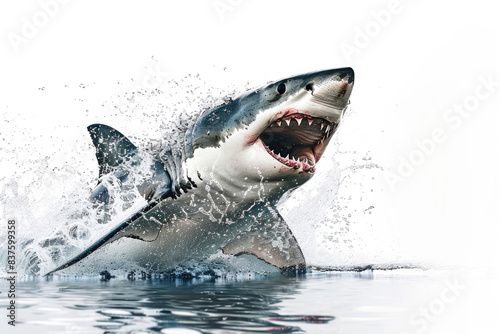 A shark leaping out of the water, mouth open, isolated on a white background © Venka