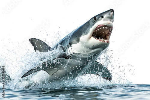 A shark leaping out of the water  mouth open  isolated on a white background