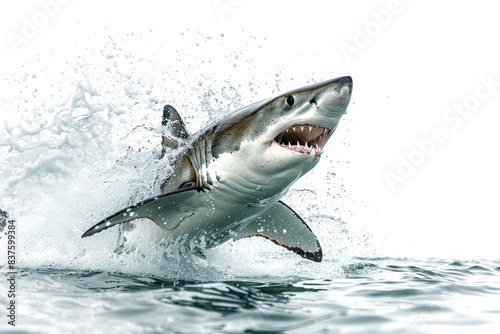 A shark leaping out of the water  mouth open  isolated on a white background