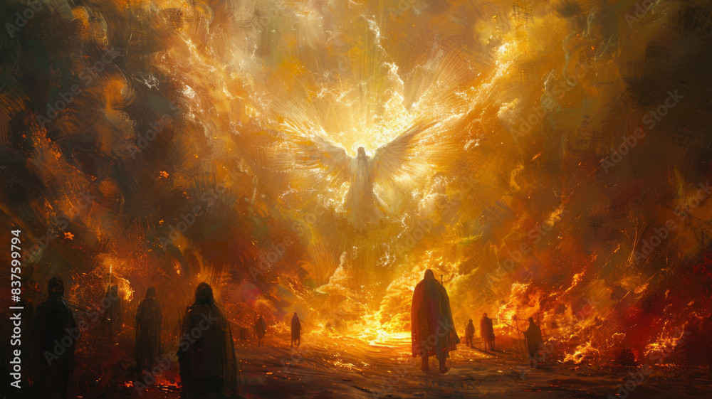 Pentecost. The descent of the Holy Spirit on the followers. People in front of a bright fire with white dove. Digital painting.generative ai Pentecost. The descent of the Holy Spirit on the followers. People in front of a bright fire with white dove. Digital painting.generative ai