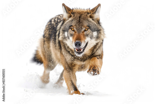 A wolf running at full speed  legs extended  isolated on a white background
