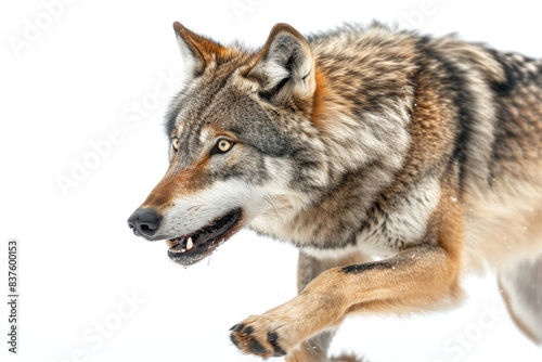 A wolf running at full speed  legs extended  isolated on a white background