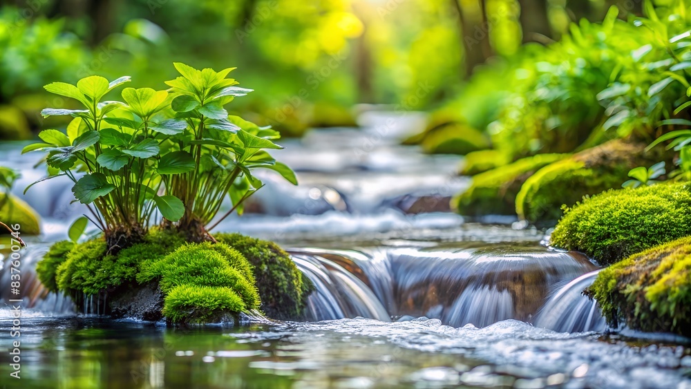 Close-Up of Fresh Water Stream with Young Green Plants - Nature's Renewal Close-Up of Fresh Water Stream with Young Green Plants - Nature's Renewal
