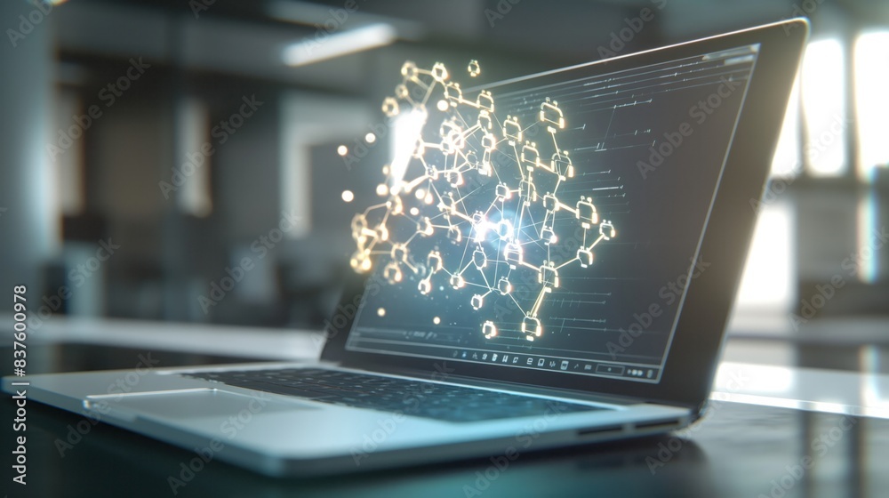 Fototapeta premium a laptop with network element icons hologram in the office