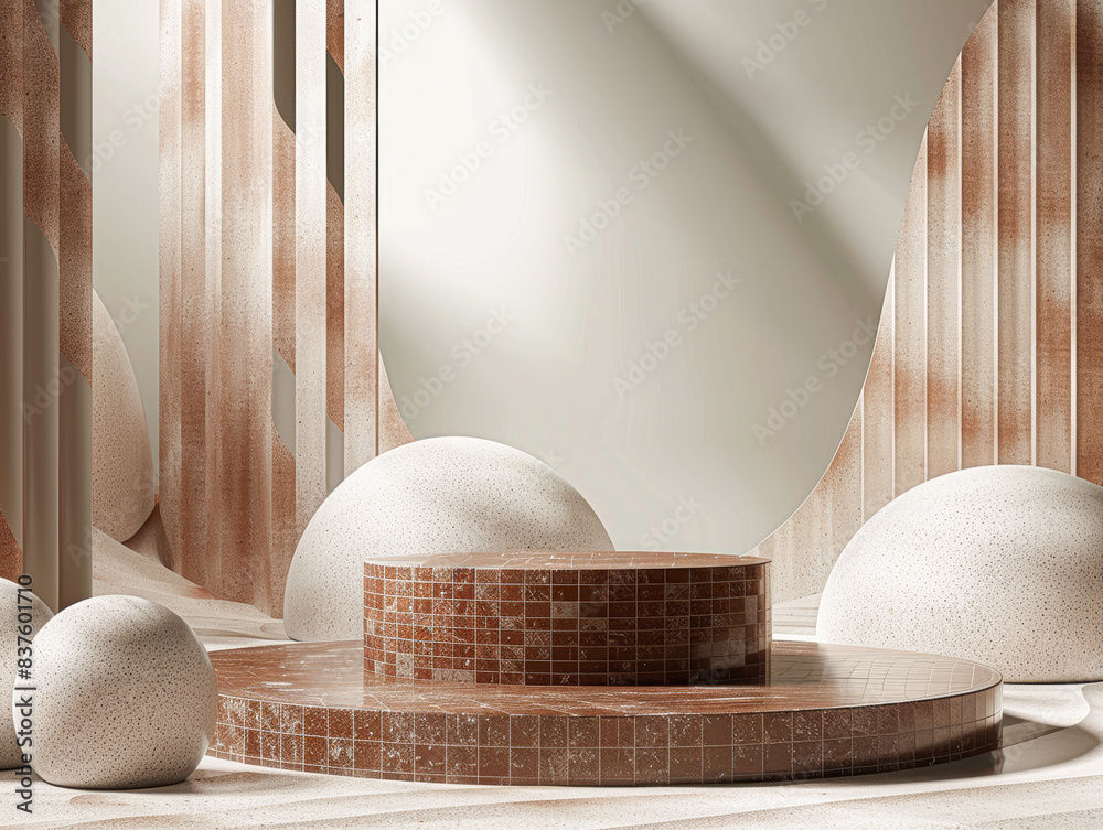 A round pedestal with a white base and a brown top A round pedestal with a white base and a brown top