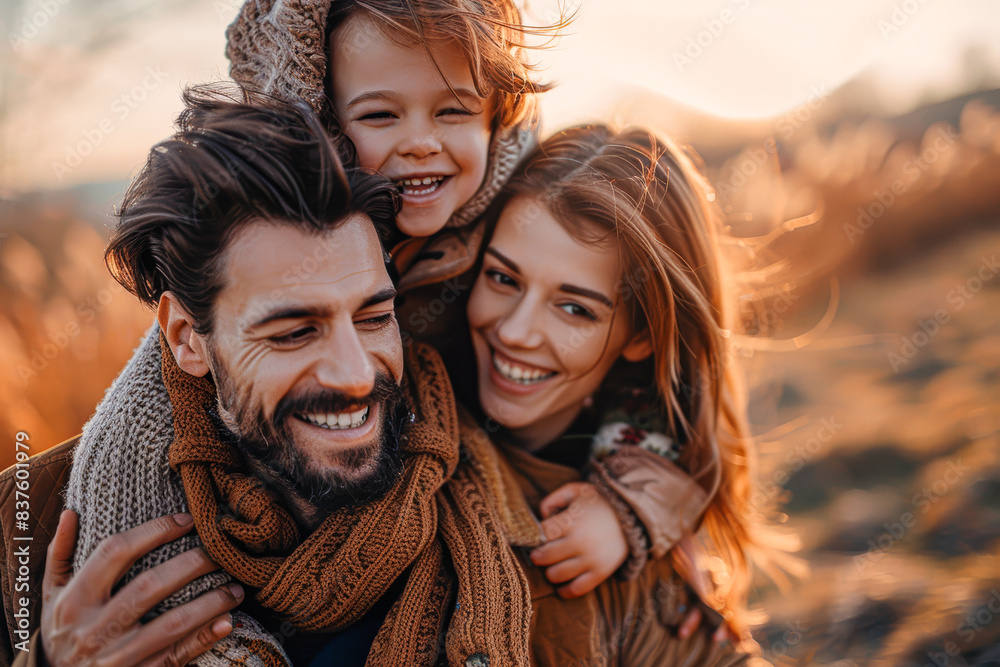 Fototapeta premium Parents Giving Child a Joyful Piggyback Ride at Home