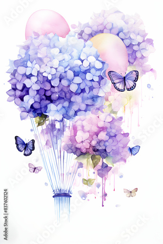 Bouquet of lilac flowers floating in air with balloons and butterflies. Watercolor wedding card cover frame. Purple color.