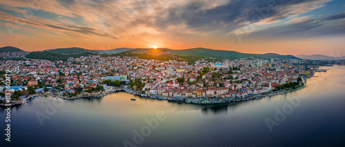 Sibenik, Croatia - Aerial panoramic view of the mediterranean city Sibenik on a sunny summer morning with Saint James Cathedral, Fortress of Saint Michael and colorful Adriatic sunrise
