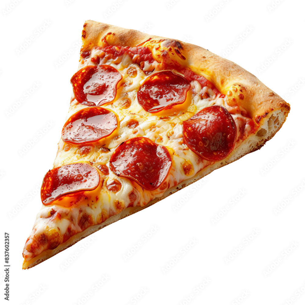 A close-up of a delicious pepperoni pizza slice with melted cheese and crispy crust, isolated on a transparent or white background, perfect for food and restaurant advertising. A close-up of a delicious pepperoni pizza slice with melted cheese and crispy crust, isolated on a transparent or white background, perfect for food and restaurant advertising.