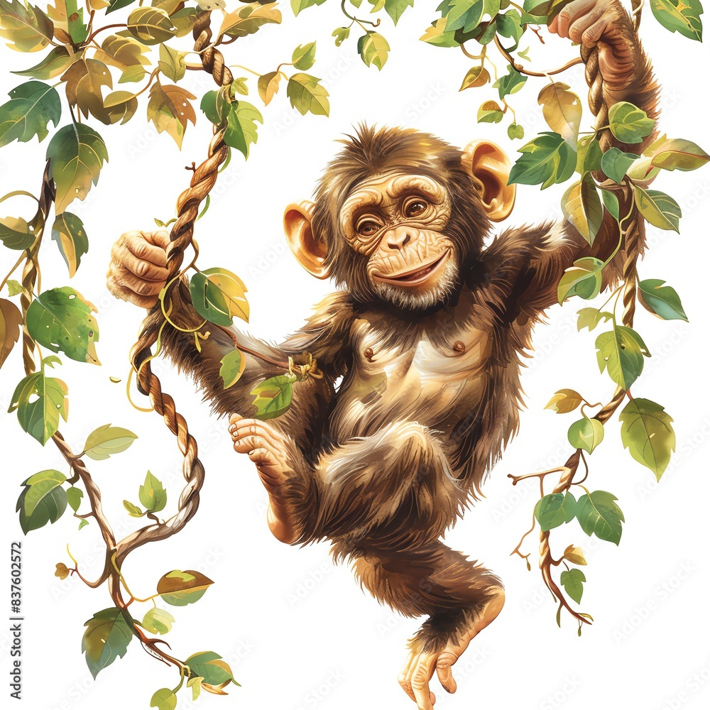 Obraz premium Cute baby chimpanzee playfully hanging from a tree branch amid green leaves, isolated on a white background.