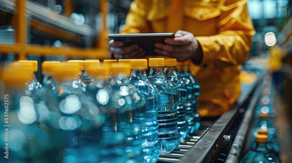 Worker in factory inspecting plastic bottled water line using tablet, ensuring quality control and production efficiency. Worker in factory inspecting plastic bottled water line using tablet, ensuring quality control and production efficiency.