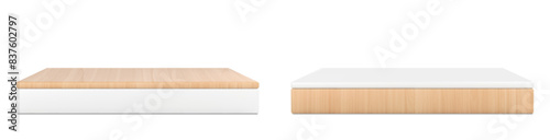 Square wooden platforms set isolated on white background. Vector realistic illustration of podiums or boxes made of natural wood or plastic, product presentation stand, interior design elements