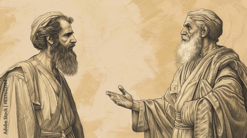 Fototapeta premium Job 22 Biblical Illustration: Eliphaz's third speech, accusation of sins, urging repentance, promise of restoration, Beige Background, copyspace