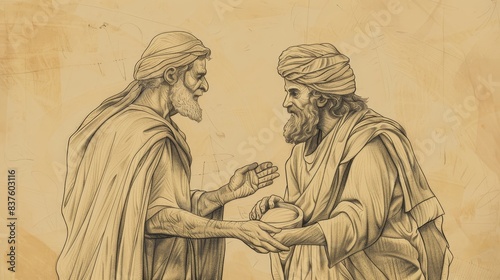 Genesis 17 Biblical Illustration: Covenant of Circumcision, Abram to Abraham, Isaac's Promise - Beige Background with Copyspace for Inspirational Use photo
