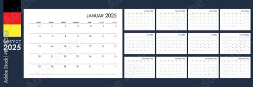 Planner calendar for 2025. Wall organizer, yearly template. One page. Set of 12 months. German
