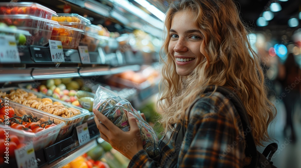 Young woman shopping for fresh vegetables in a grocery store, choosing organic produce, with a joyful smile, enjoying health-conscious choices.