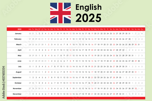 Panoramic linear calendar for 2025. Grid planner.