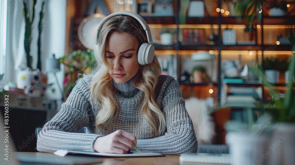 A professional woman in a modern office, wearing headphones and taking notes during an online meeting, surrounded by minimalist decor A professional woman in a modern office, wearing headphones and taking notes during an online meeting, surrounded by minimalist decor