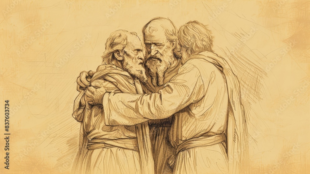 Fototapeta premium Job 16 Biblical Illustration: Job's reply, lack of comfort from friends, intense suffering, appealing to God, Beige Background, copyspace
