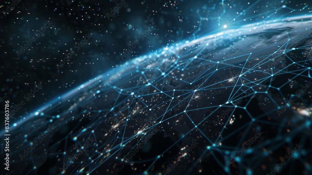 High-tech digital Earth with blue cyber network lines representing global connectivity High-tech digital Earth with blue cyber network lines representing global connectivity