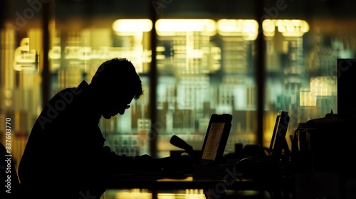 A silhouette of a worker sitting at a desk, slumping over their keyboard, with dim office lighting accentuating their fatigue.