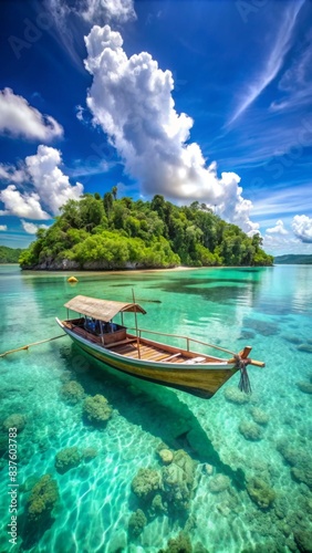 A small boat on the crystal clear turquoise waters of a tropical island with a blue sky and white clouds in the background
