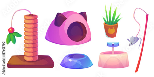 Cat pet shop with food and toy cartoon goods icon. House animal supplies in petshop object set. Vet accessories, drink bowl and bed interior element for supermarket. Veterinary indoor graphic