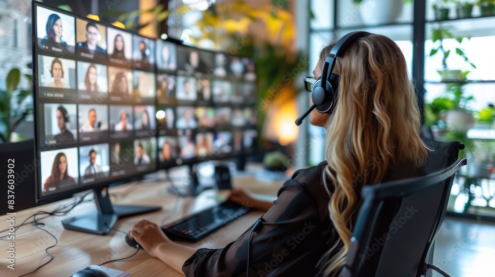 Tech-savvy Businesswoman in Video Conference Call at Contemporary Office Desk. Tech-savvy Businesswoman in Video Conference Call at Contemporary Office Desk.