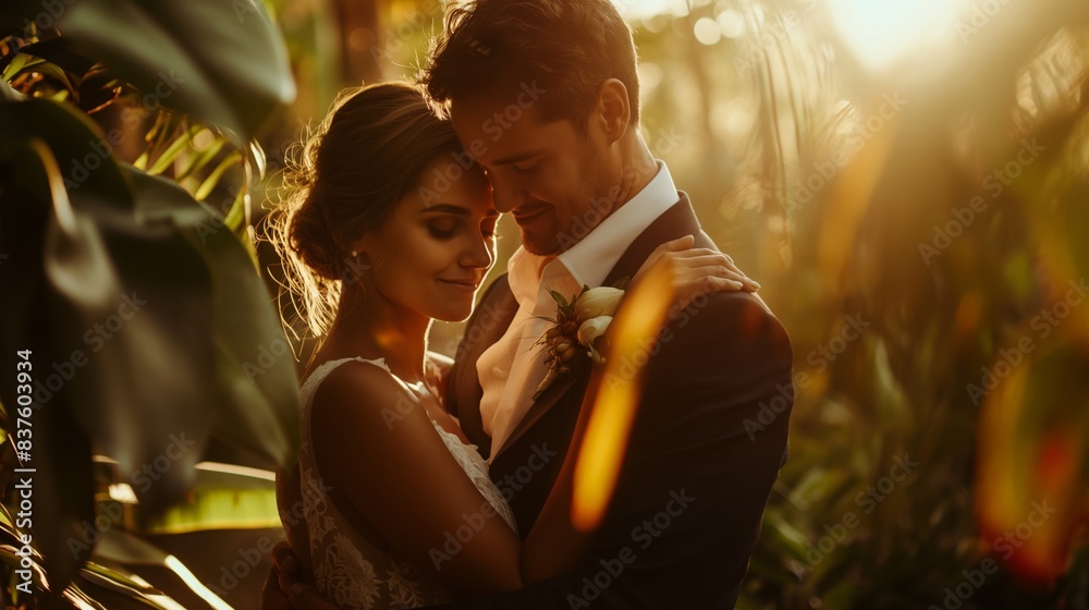 A bride and groom share a romantic embrace amidst a lush setting illuminated by the golden sunset