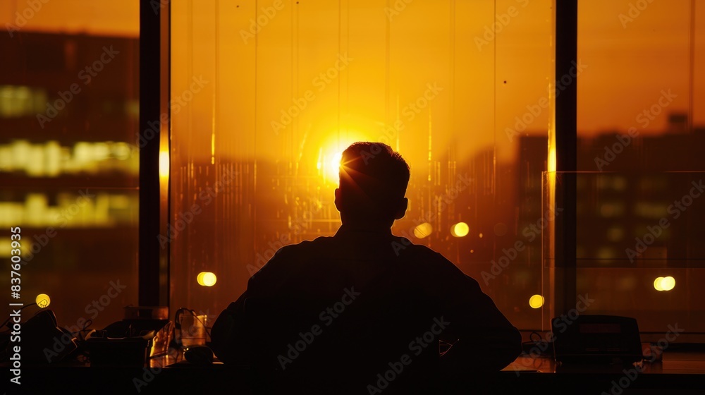 A silhouette of a tired employee sitting in front of a brightly lit office window, their silhouette hunched over with exhaustion. A silhouette of a tired employee sitting in front of a brightly lit office window, their silhouette hunched over with exhaustion.