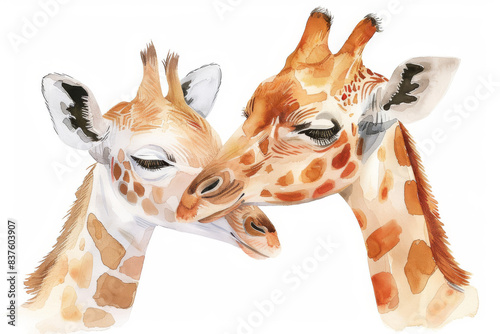 Mother giraffe and baby cuddling, safari animal watercolor illustration