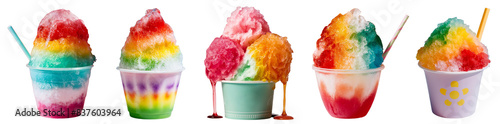 Colorful Rainbow Hawaiian Shaved ice in the cup with straw, homemade summer sweet fruit flavored treat, isolated PNG, transparent cutout, gola ganda