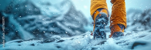 Adventurer's footsteps in snow-covered mountains, showcasing vibrant orange pants and blue snow boots. Perfect for winter and travel themes. photo