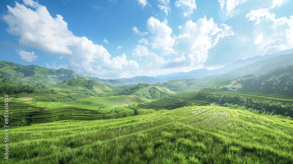 Obraz premium Beautiful terraced rice field landscape with layers of vibrant green paddies, creating a serene and picturesque scene