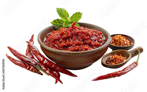 Red chili sauce in a bowl with fresh peppers and spices on a white background. Appetizing condiment for cooking and food decoration.