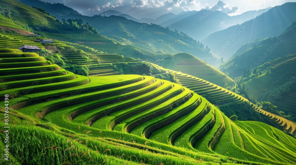 Beautiful terraced rice field landscape with layers of vibrant green paddies, creating a serene and picturesque scene Beautiful terraced rice field landscape with layers of vibrant green paddies, creating a serene and picturesque scene