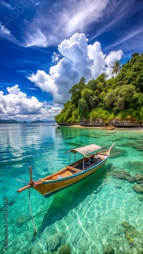 A small boat on the crystal clear turquoise waters of a tropical island with a blue sky and white clouds in the background