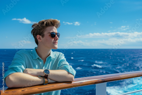 A young man wearing a casual light blue shirt and sunglasses, enjoying a peaceful moment on a cruise ship with the vast ocean and blue sky in the background, captured in a serene and reflective pose