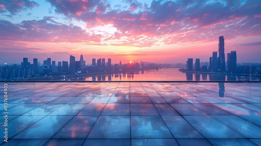 Empty square floor and city skyline with modern buildings at sunrise,generative ai Empty square floor and city skyline with modern buildings at sunrise,generative ai
