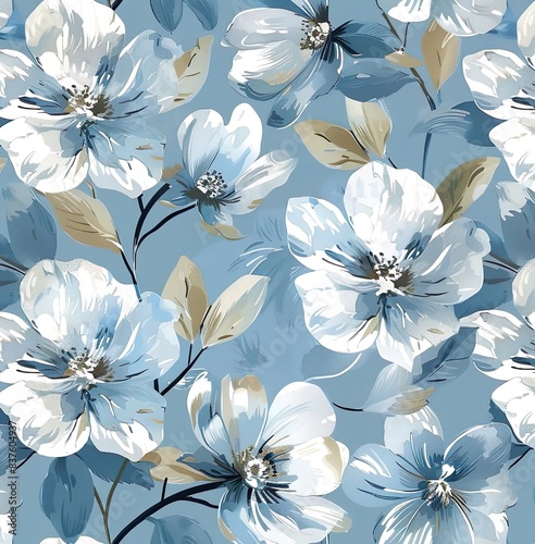 seamless  white floral pattern with blue background 
