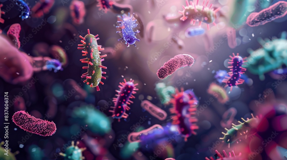 A 3D vector image of harmful microbes invading human tissue, shown in dark tones A 3D vector image of harmful microbes invading human tissue, shown in dark tones