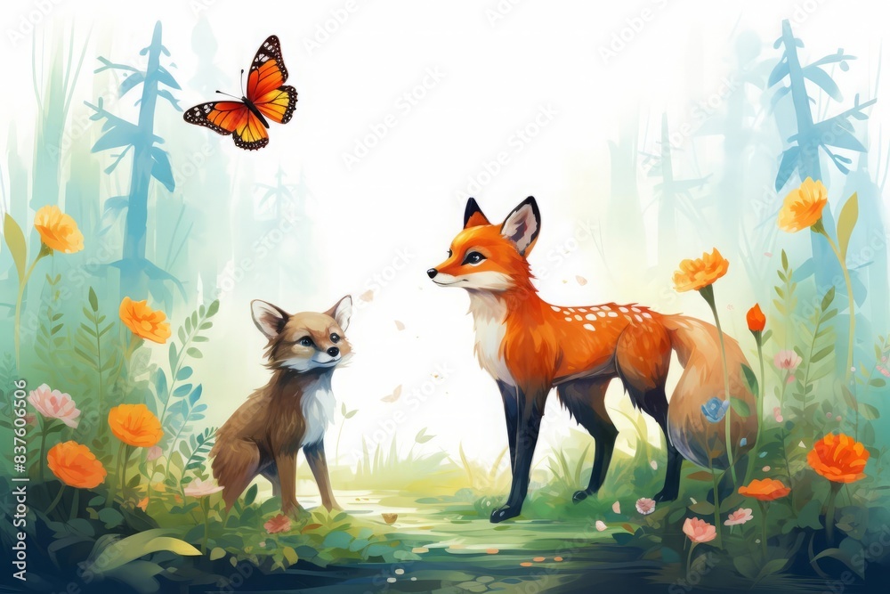 Fototapeta premium vector illustration style, Delightful animal friends, a fawn and a fox cub, exploring a pastel forest together, with butterflies fluttering around them, vivid colors captured in high detail, isolated