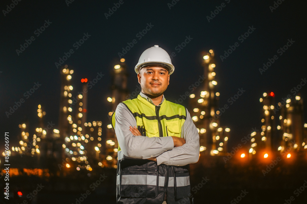 Asian engineer man with safety helmet standing front of oil refinery. Industry zone gas petrochemical. Factory oil storage tank and pipeline. Workers work in the refinery construction building Asian engineer man with safety helmet standing front of oil refinery. Industry zone gas petrochemical. Factory oil storage tank and pipeline. Workers work in the refinery construction building