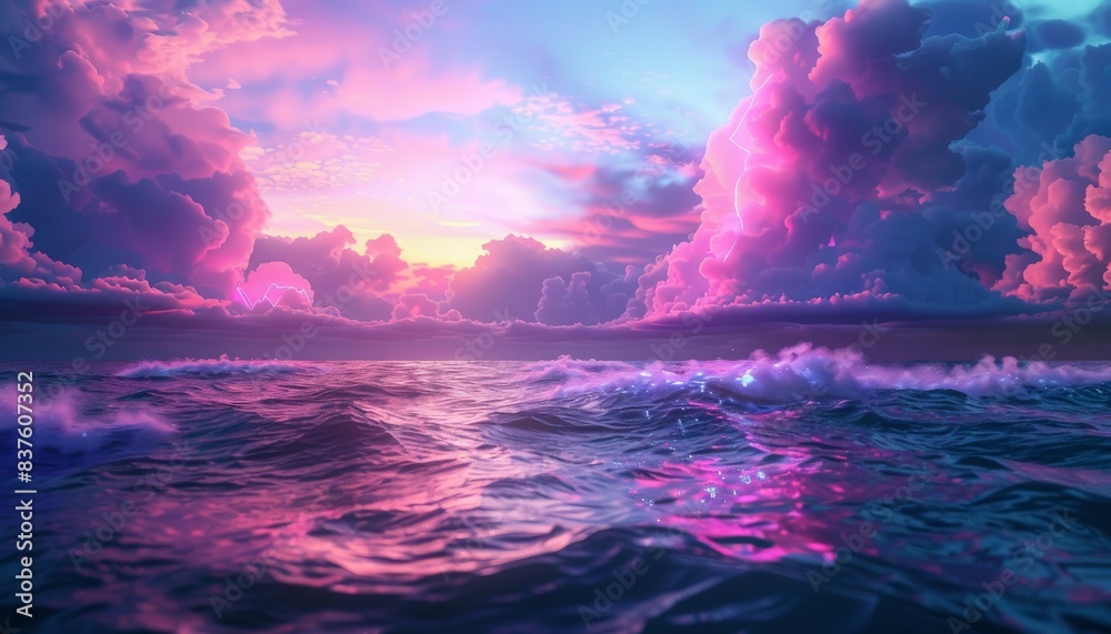 Fototapeta premium Dreamy pink and purple clouds over a calm sea at sunset.