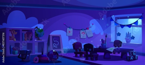 Dark empty kindergarten interior at night. Cartoon vector preschool classroom with furniture and children toys under moonlight from window. Room inside with table and chairs, cabinet and kids drawings