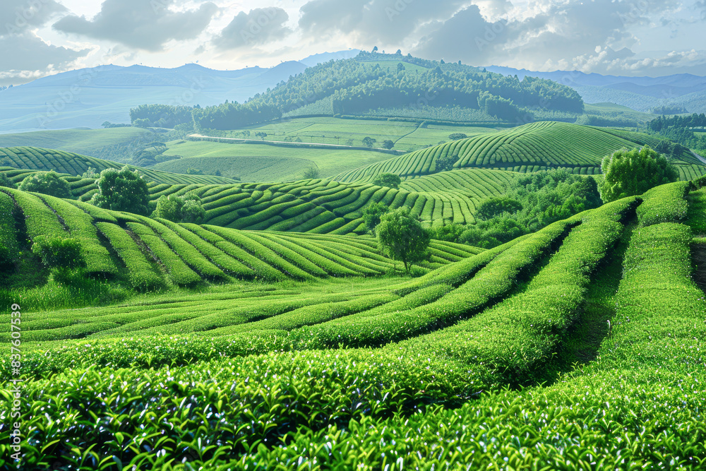 Serene Tea Farm Panorama with Green Rows of Crops and Space for Text